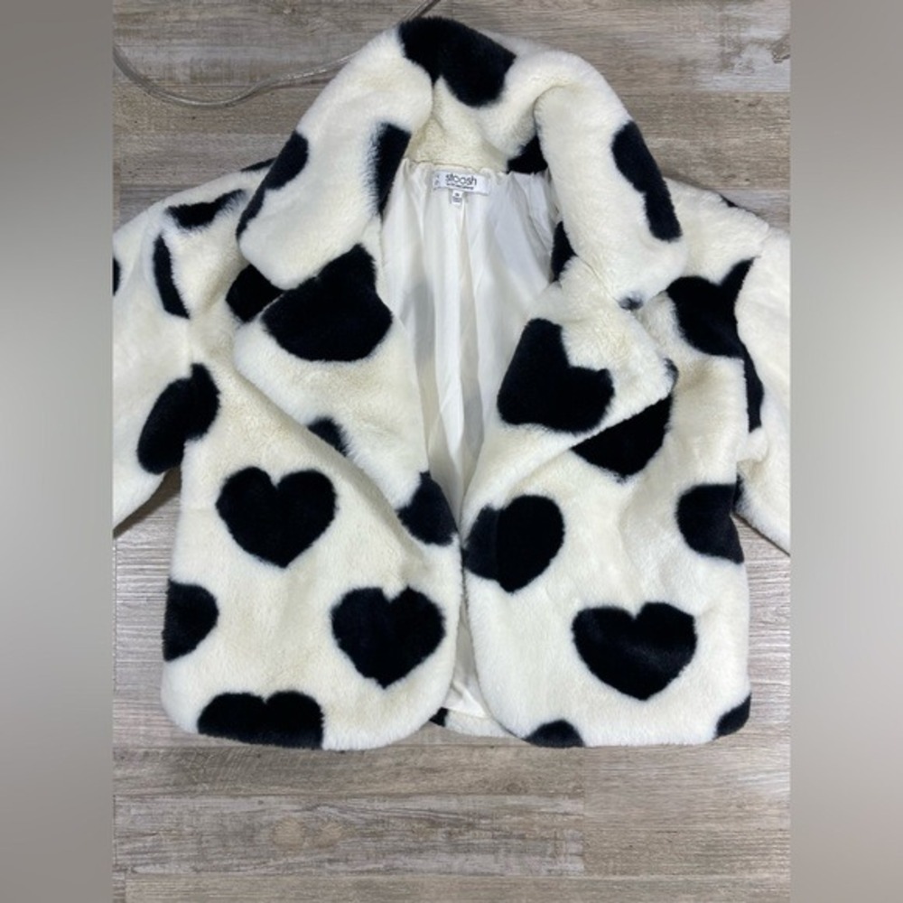Stoosh Faux Fur Jacket W/ M White Black Heart Print A14314 LN/NWOT - Picture 9 of 14